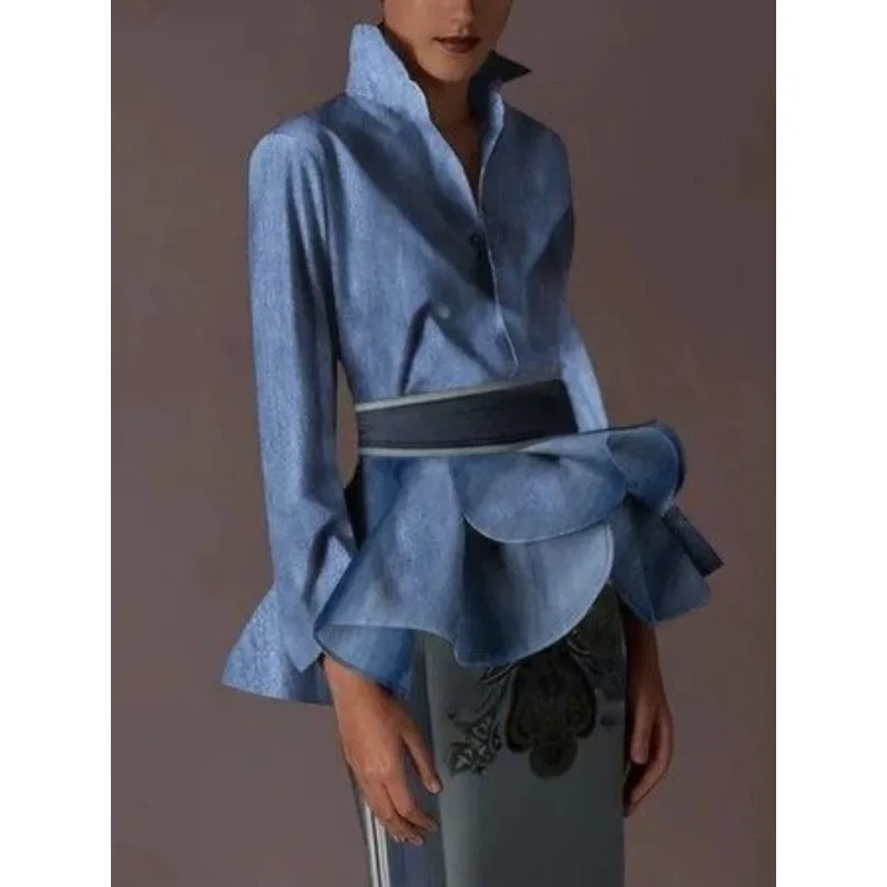 

Tinaa Retro Blue Shirts for Woman 2025 European Ruffles Flare Sleeve Single Breasted with Spliced Belt Shirts&blouses 170654