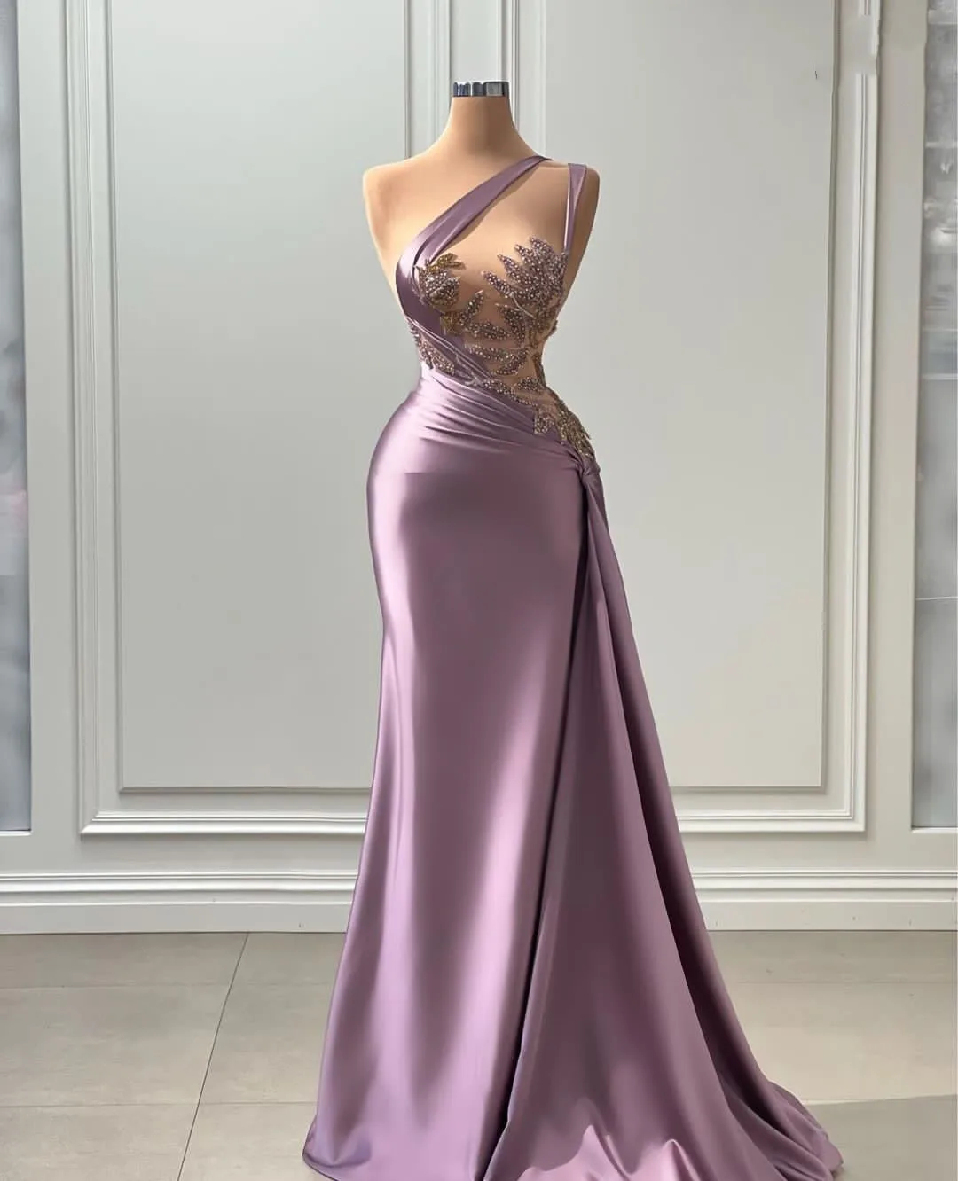 Sexy Prom Dresses One Shoulder Sleeveless Heigh Beading Court Hollow Mermaid Stain Evening Dresses Plus Size Custom Made