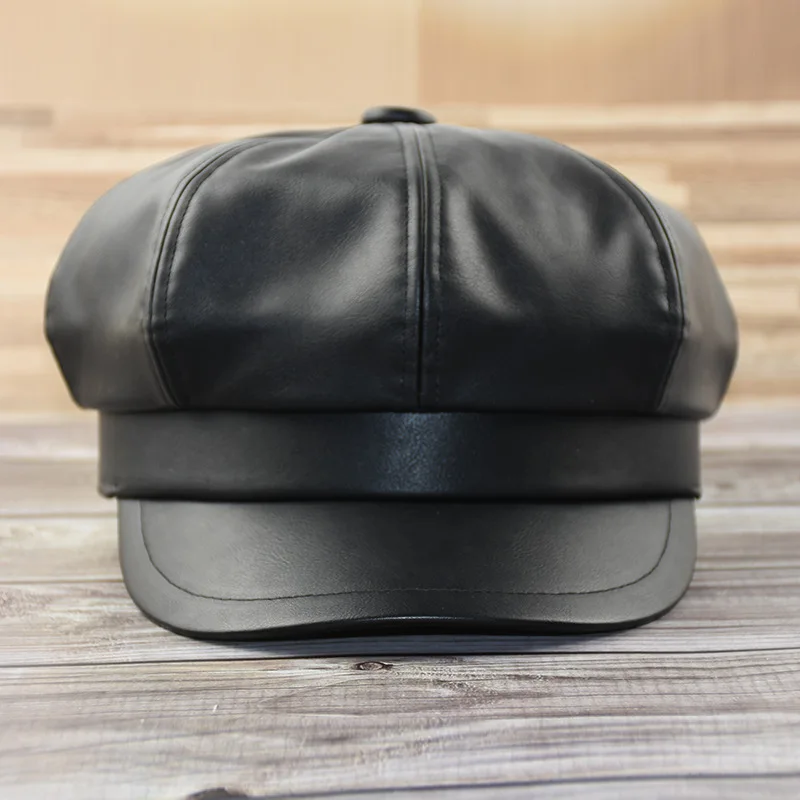 54-62cm Big Head Plus Size 8 Panels Newsboy Caps for Women PU Leather Cabbie Painter Hat Gatsby Ivy Beret Octagonal Cap