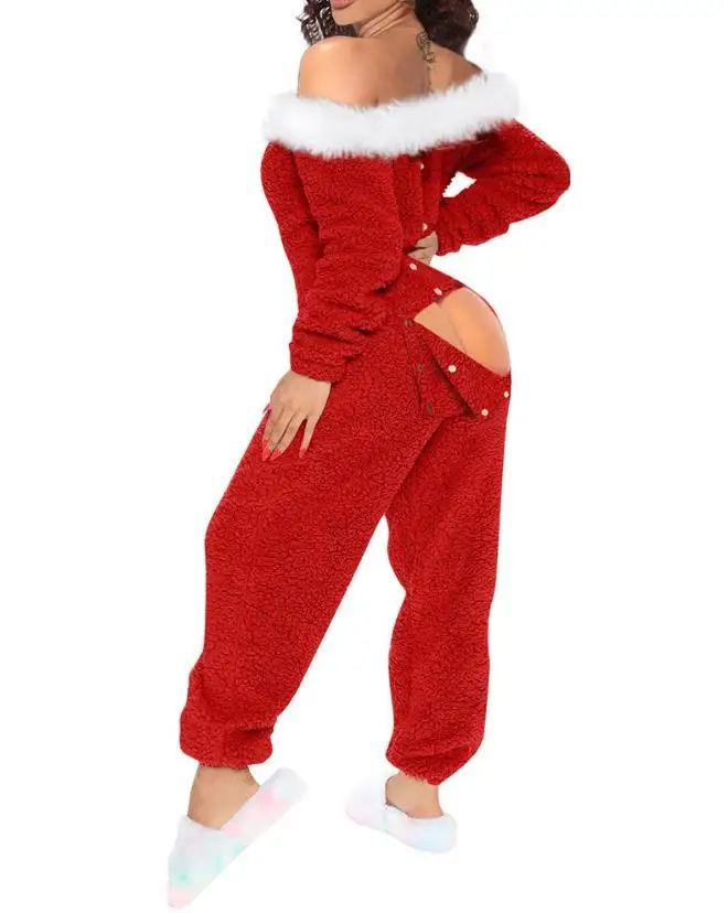 ชุดนอนพิมพ์ลายคริสต์มาสสีแดงสำหรับผู้หญิง จั๊มสูทลำลองแขนยาว ชุดนอนติดกระดุมด้านหน้า ชุดนอนแบบมีกระดุม
