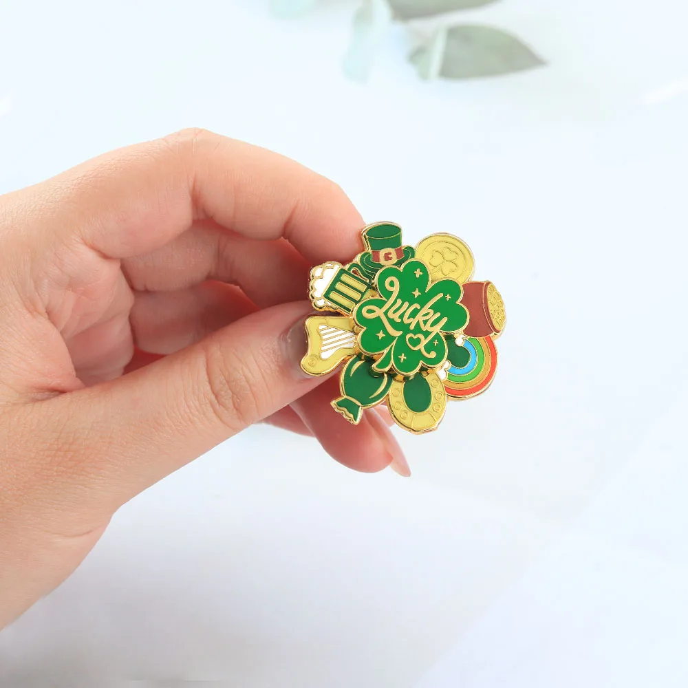 St. Patrick's Day Glücksbringer Vierblättriges Kleeblatt Brosche Irischer Feenhut Regenbogen Goldmünze Harfe Abzeichen Schmuck und Accessoires Geschenk – Detail 7