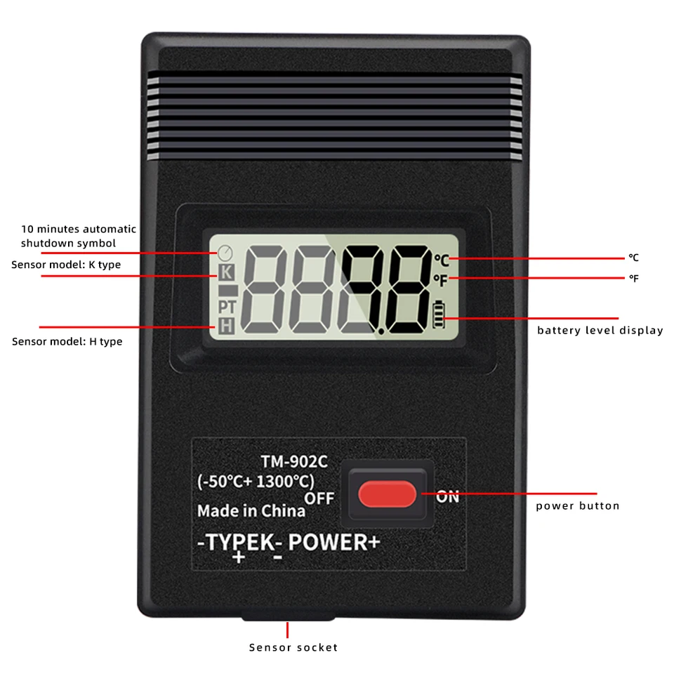 Produktbild von TM-902C Thermoelement Thermometer – K-Typ, LCD-Display, -50–1300°C, Hohe Genauigkeit, Mit Temperatursonde, Industriell & Tragbar