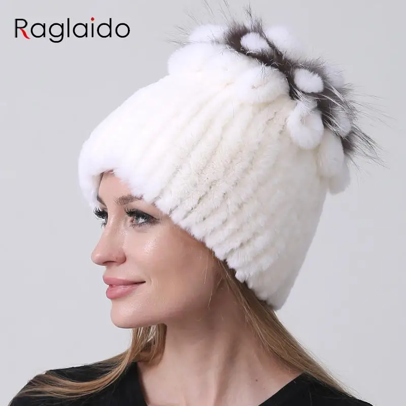 

Hot Sale Winter Warm Hats for Women Naural Rex Rabbit Fur Stripped Thick Snow Outdoor Knitted Fur Hats