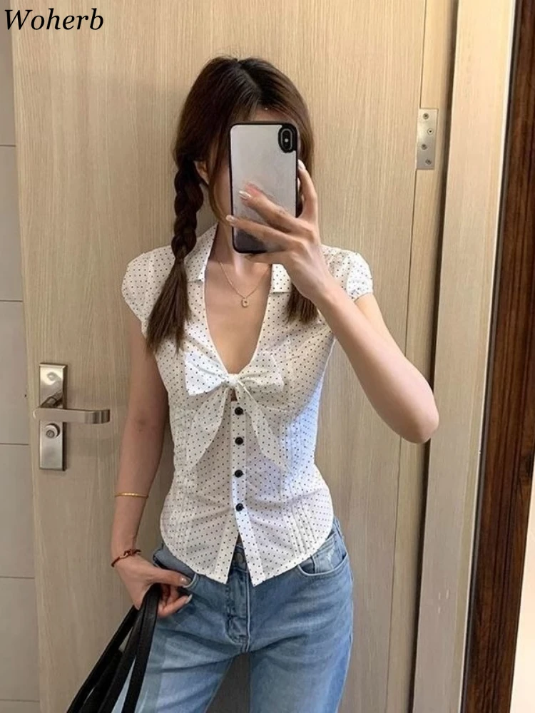 

Polka Dot Blouse Women's Clothing Turn Down Collar Slim Fit Shirts 2025 Blusas Mujer De Moda Fashion Temperament Bow Blouse Tops