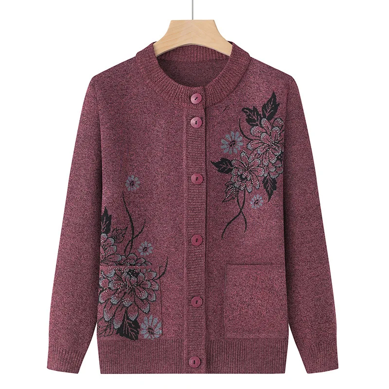 Korean Women\'s Clothes New Knit Woolen Printed Cardigan Coat Middle Aged Mother Knitwear Tops Vintage Grandma Sweater Jacket