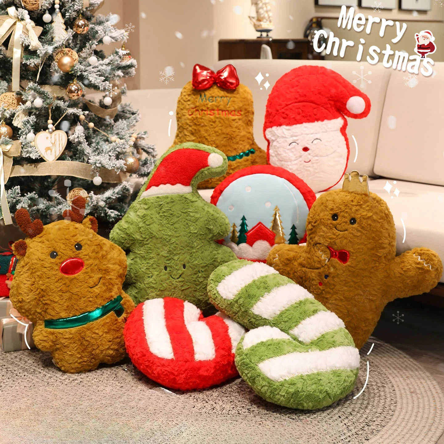 

Happy Christmas Plush Toys Stuffed Bell Crutch Santa Claus Elk Tree Crystal Ball Throw Pillow Sofa Cushion Kawaii Decor