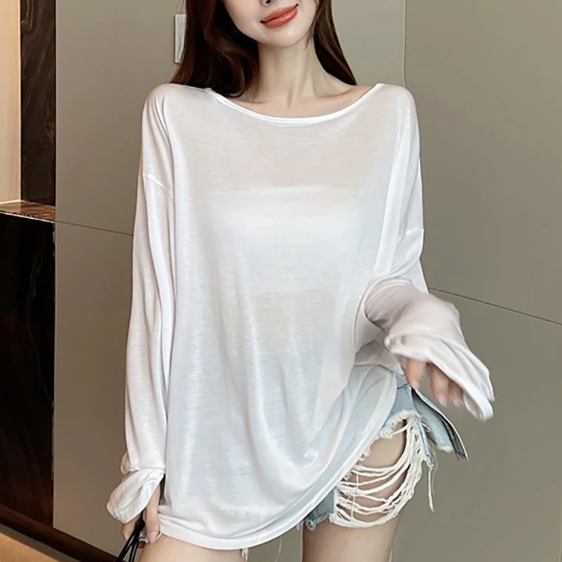 Sommerliche, leichte, transparente Mesh-Oberteile mit langen Ärmeln und schulterfreiem Design für Damen, Sonnenschutz, atmungsaktiv, locker, übergroß, Streetwear, Alltagskleidung