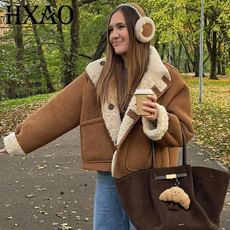 

HXAO Cropped Suede Jacket Women's Jacket 2025 Teddy Fleece Double-Sided Jacket Button Up Long Sleeve Outerwear Chic Hairy Coat
