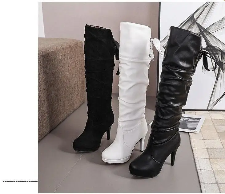 New Women Boots Classics White Black Shoes Luxury Fashion Autumn Soft Leather Elegant Comfortable Knee High Lace-Up Fashion Boot