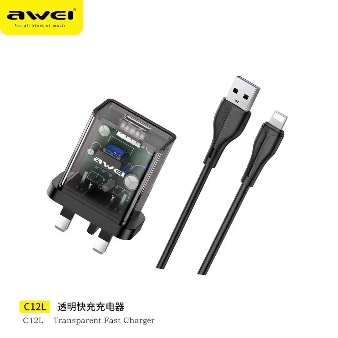 Awei الولايات المتحدة/المملكة المتحدة التوصيل محول شحن السفر الصغير مع كابل شحن 1 متر لنظام التشغيل iOS وأندرويد الهاتف المحمول شاحن شحن سريع 2023NEW