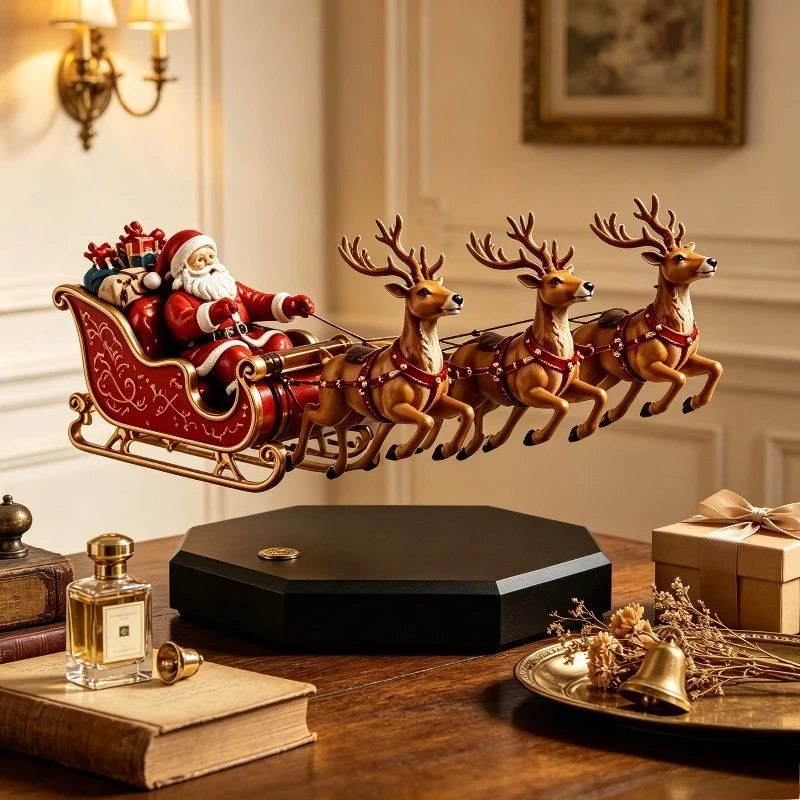 Magnetic Floating Santa Sleigh Ornament Decor Figurine Rotating Reindeer Levitation for Christmas Desktop Tabletop Home Gift