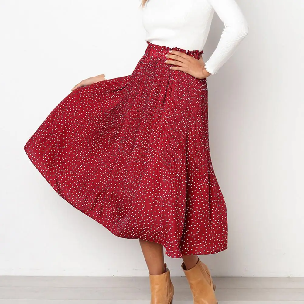 

Womens High Waist Polka Dot Pleated Skirt Midi Swing Skirt with Pockets