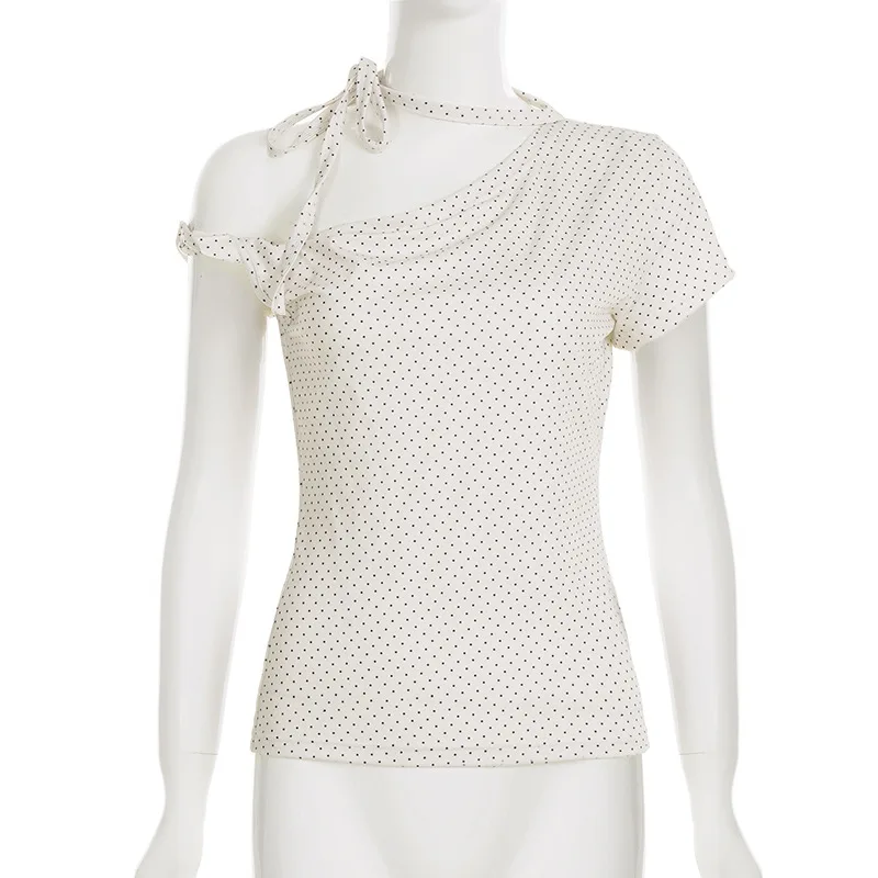 Damen Polka Dot Rückenfreies Neckholder-Top mit Knoten, Eng Anliegend, Kurzarm, Lässige Streetwear, Sexy Modisches T-Shirt-Oberteil – Detail 12