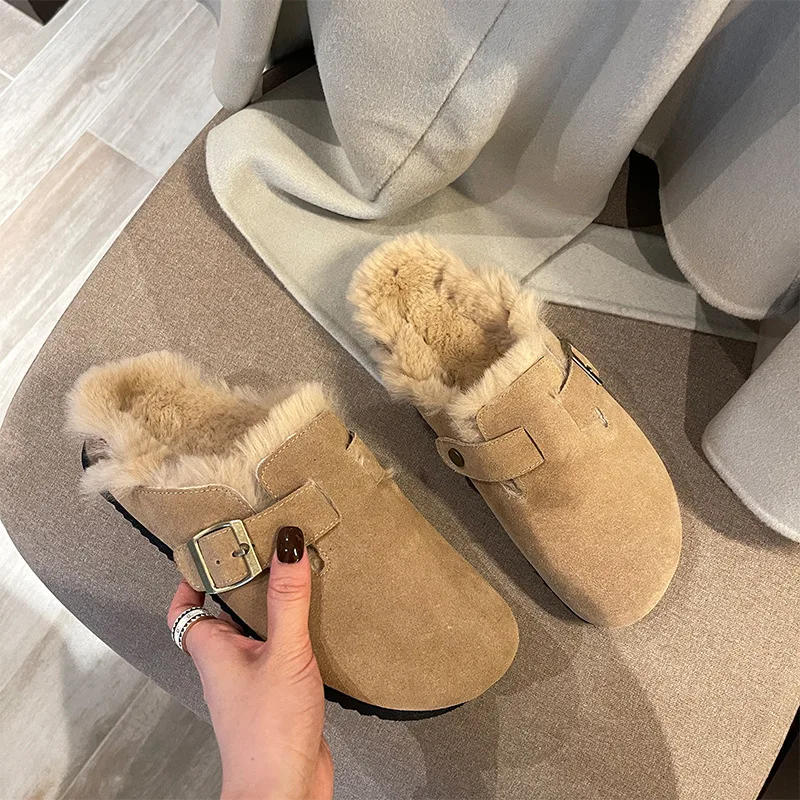 Winter Warm Women Suede Clogs Genuine Leather Mules Cork Footbed Slippers Potato Shoes With Arch Support With Thick Plush