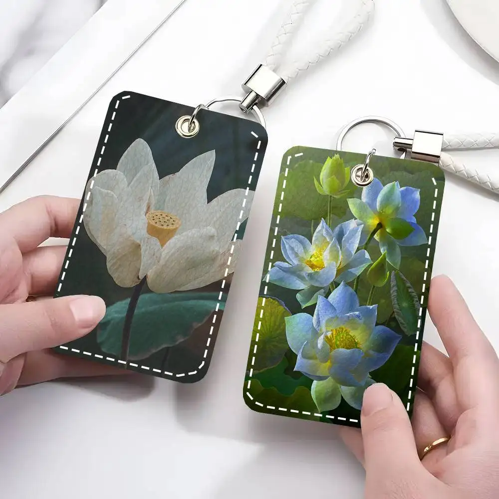 Lotus Card Case Keychain Access Card Bag Key Tag Ring Leather Card Holder Key Ring Access