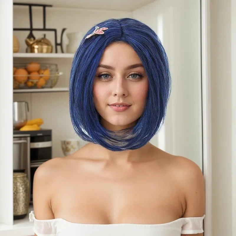 كارولين لعب دور الشعر القصير أنيمي كورالاين البطلة دور النمذجة شعر مستعار الأزرق بوب امرأة الملابس اليومية مباراة رأس الطالب #5