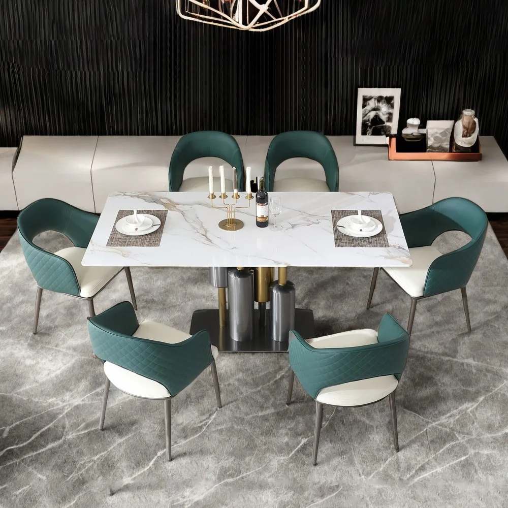 Modern dining table roasted stone dining table a stainless steel base 71 -inch modern luxury table 1 white table+6 chair green