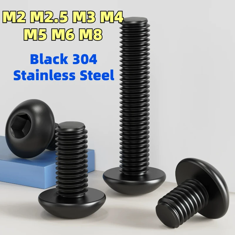 M2 M2.5 M3 M4 M5 M6 M8 Black 304 A2-70 Stainless Steel Button Head Hex Hexagon Socket Allen Screw Bolt Length 3mm-60mm