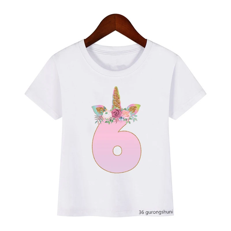 Kawaii Girls T-Shirt Cute Unicorn 2-9th Birthday Digital Print For Kids Birthday Gift Clothing Summer Kids Clothes Tshirt Tops