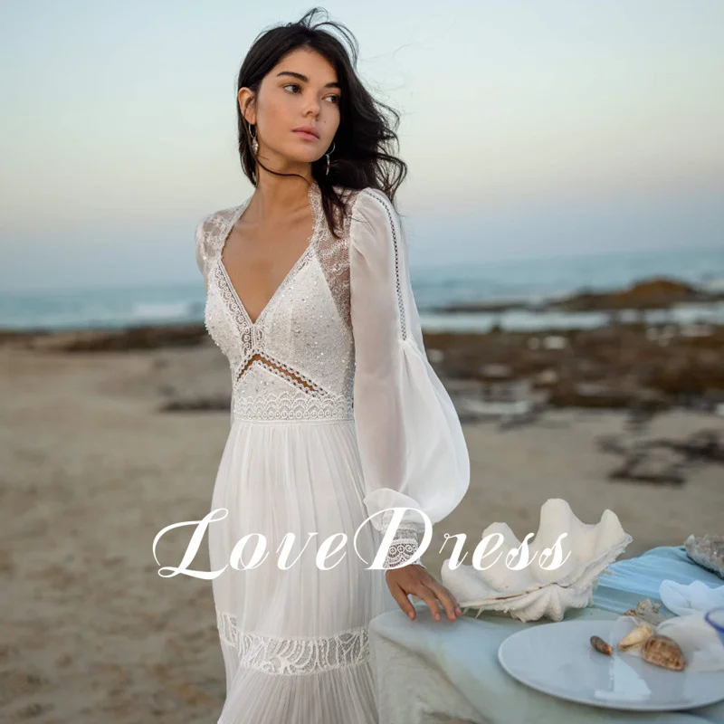 Praia chiffon mangas compridas vestidos de casamento rendas lantejoulas com decote em v elegante recorte ilusão até o chão vestidos de casamento personalizados