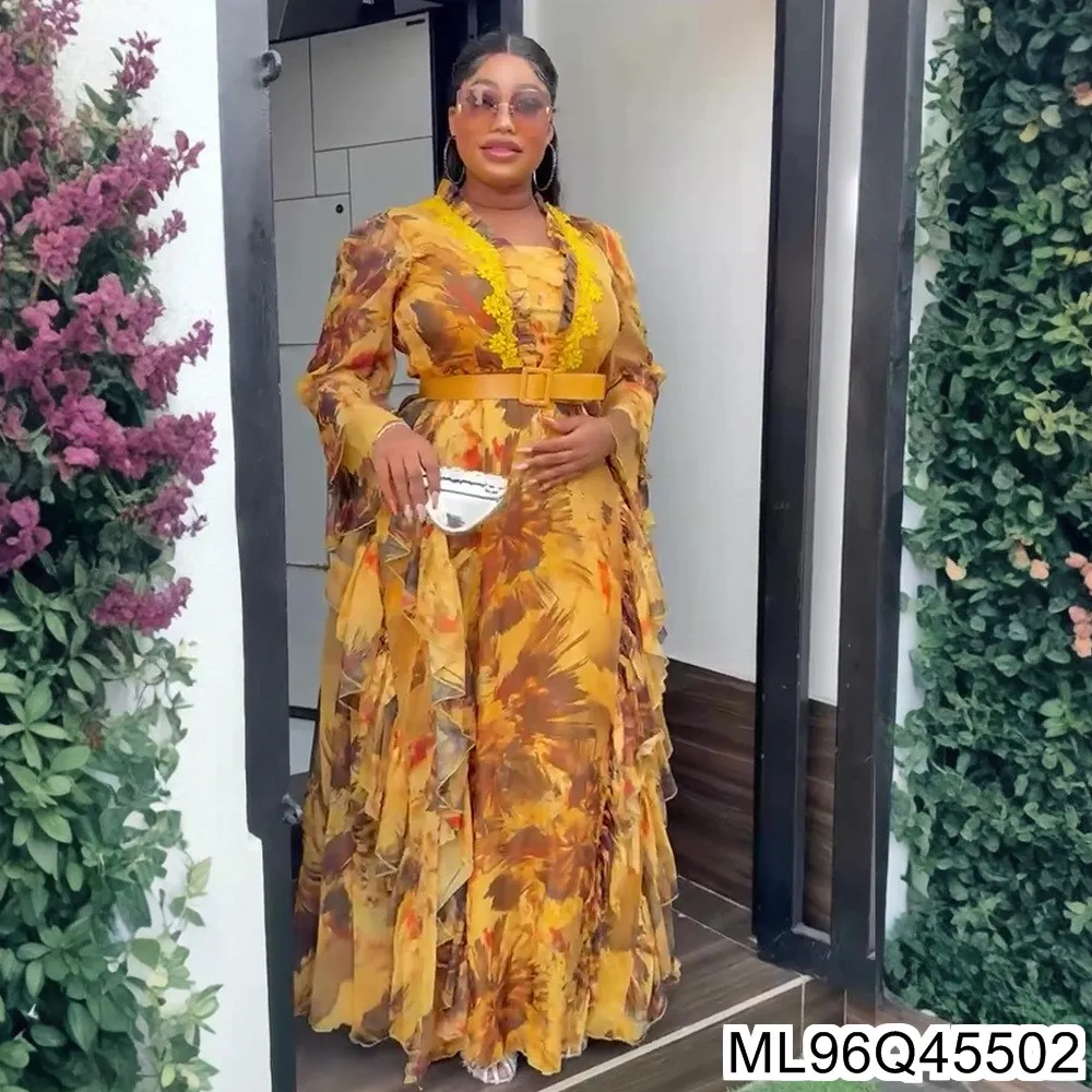 

2025 New African Ruffled Printed Long Dress Fashion Women's Plus-size Dress ML96Q455