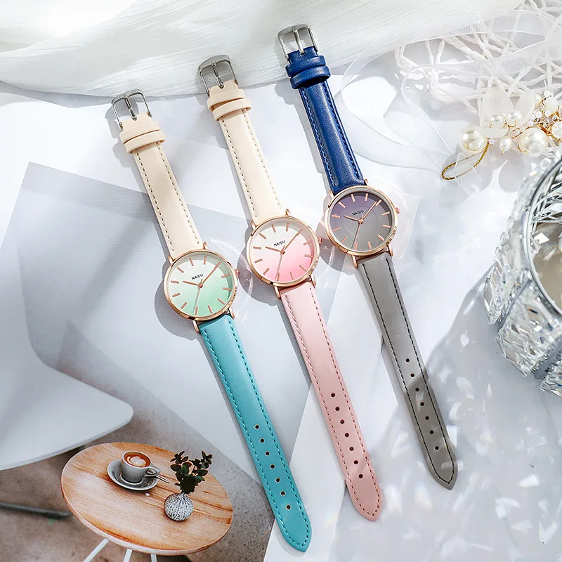 Retro regenboog design polshorloge lederen band analoog legering mooi schattig meisje eenvoud elegant temperament horloge veelzijdige klok