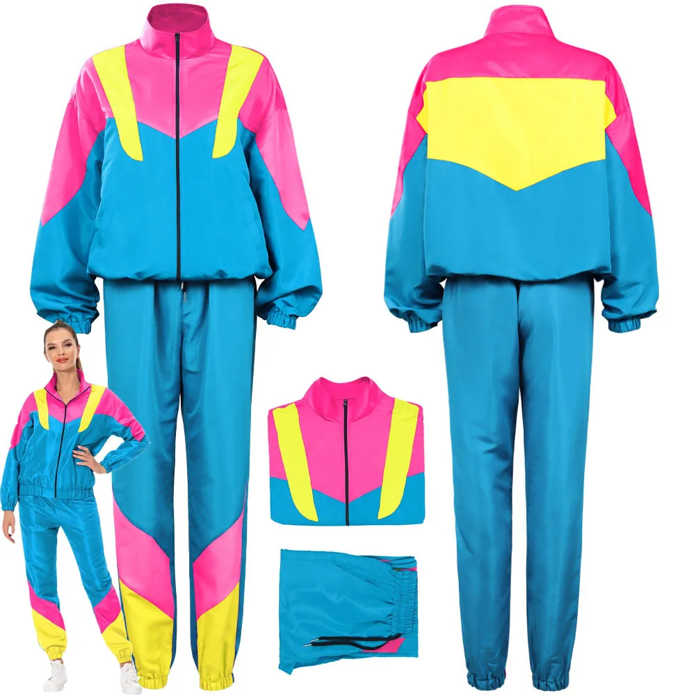 Women 80S 90S Retro hip-hop Tracksuit Cosplay Costume Adult Unisex Jacket Pants Sportwear Outfits Halloween Carnival Party Suit