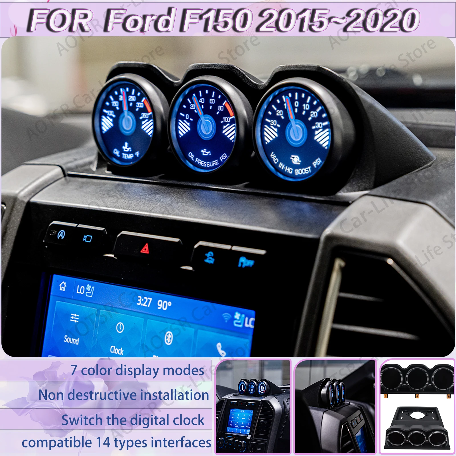 For Ford F150 2015~2020 Performance Meter KM/Mile Power Meter With Three Rings Modification Speedometer