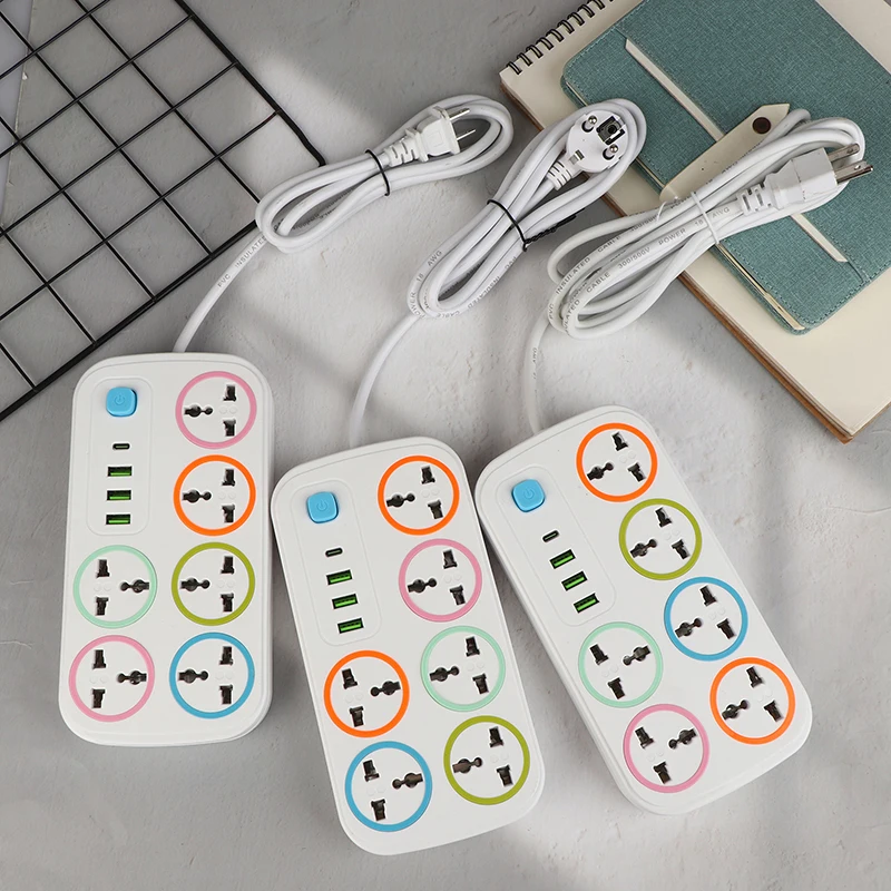EU US Plug 2/3Pin Power Strip 1 TypeC 3 USB Port 6 Way A C Outlet 2/3/5M Extension Power Socket Charge Electrical Socket