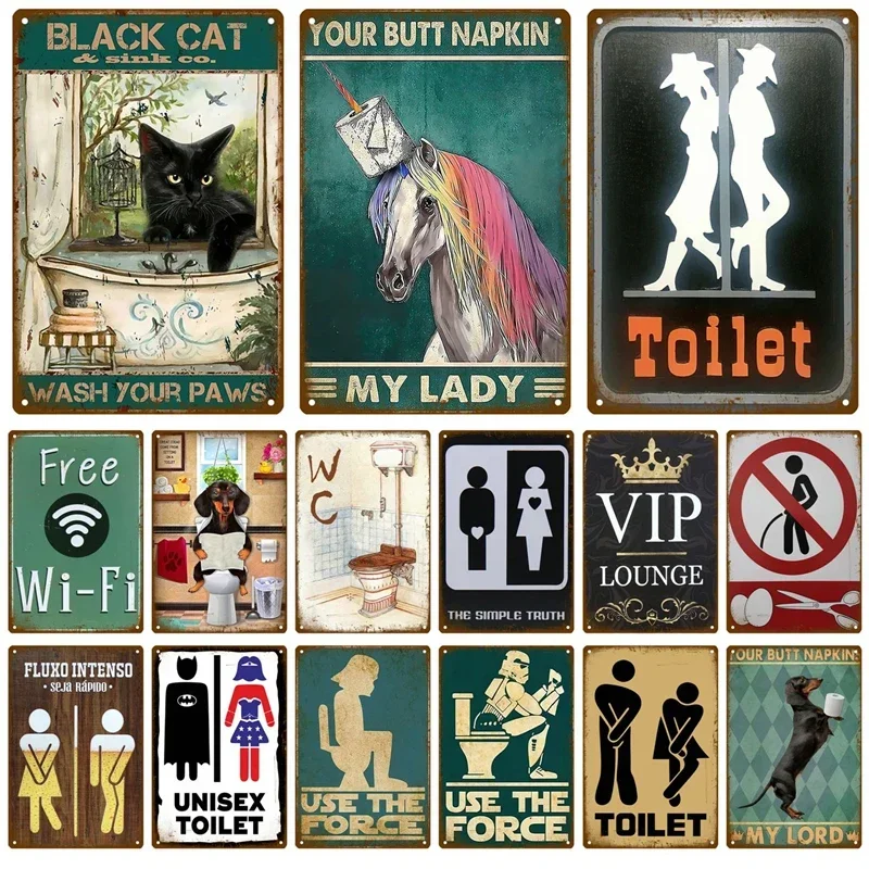 Vintage Metal Sign Home Funny Decor Toilet Tin Sign WC Lavatory Toilettes Wall Art Bathroom Restroom Toilet Wall Decoration Pub