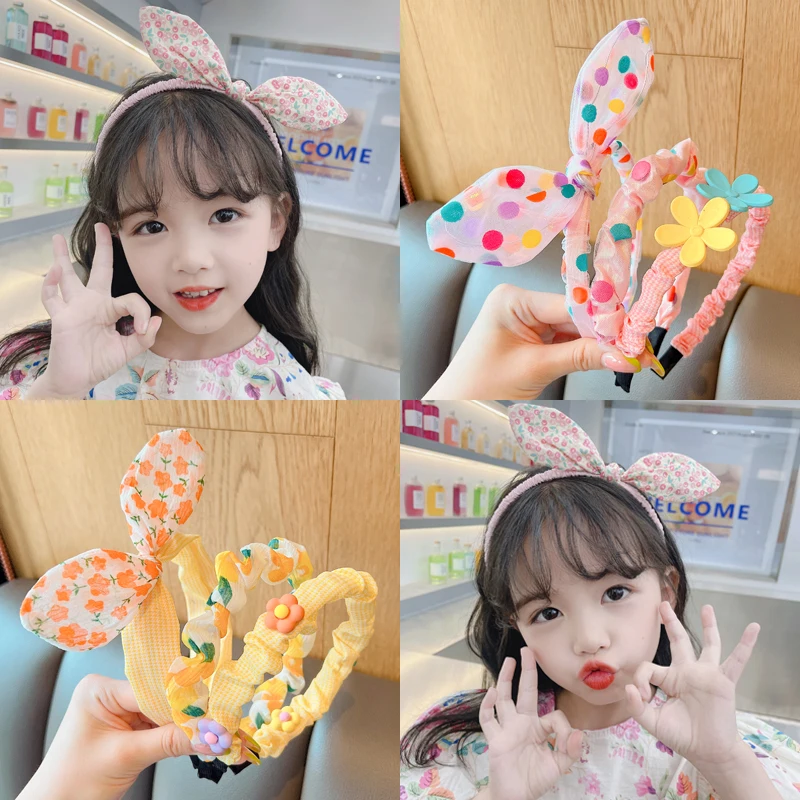 3 Pcs/Set Children Cute Colors Printed Lattice Stripes Hair Hoop Hairbands Girls Lovely Bow Ears Headbands Kids Hair Accessories