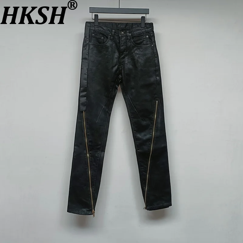 

HKSH Spring Autumn New Man Tide Dark RO Style Brushed Double Zipper Adjustable Jeans Black High Street Waxed Denim Pants HK10850