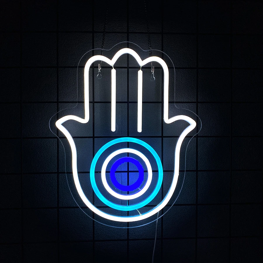 Hamsa Hand Evil Eye Neon Sign USB LED Wall Light for Bedroom Meditation Space Living Room Yoga Spa Boho Aesthetic Home Decor