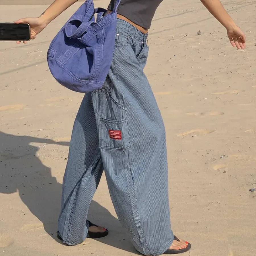 

High Waist Straight Leg Casual Pants Navy Stripe Slimming Versatile Wide Leg Jeans Casual Cotton Denim Trousers for Women