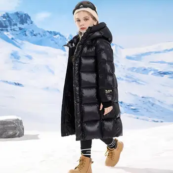 Jungen und Mädchen Winter neue schwarze und goldene lange knielange Plüsch- und dicke Kapuze winddichte und warme modische Baumwolljacke