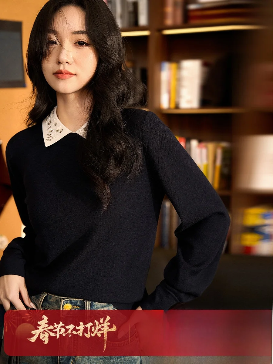 

Xhange Soft Wool Knitted Sweater with Embroidered Collar oulder Width Regular Long Sve Ladies Faion Commute Sle