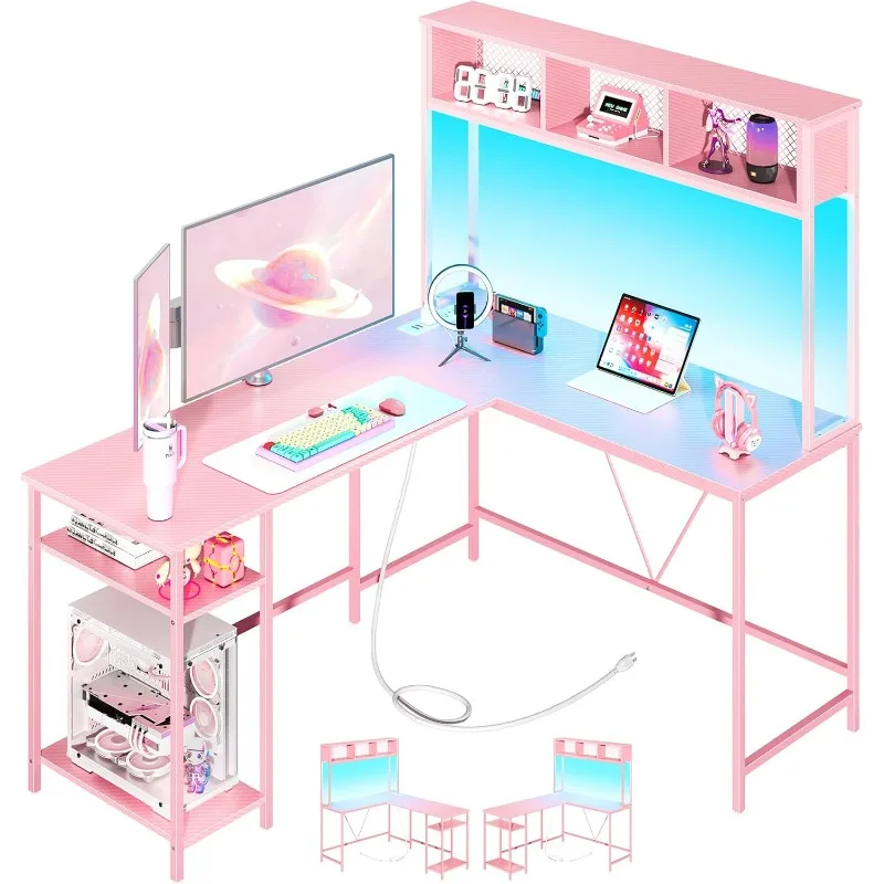 L-Shaped Desk Game Table with LED Light Strip and Electrical Outlet, Reversible L-Shaped Computer Desk with Storage Shelves