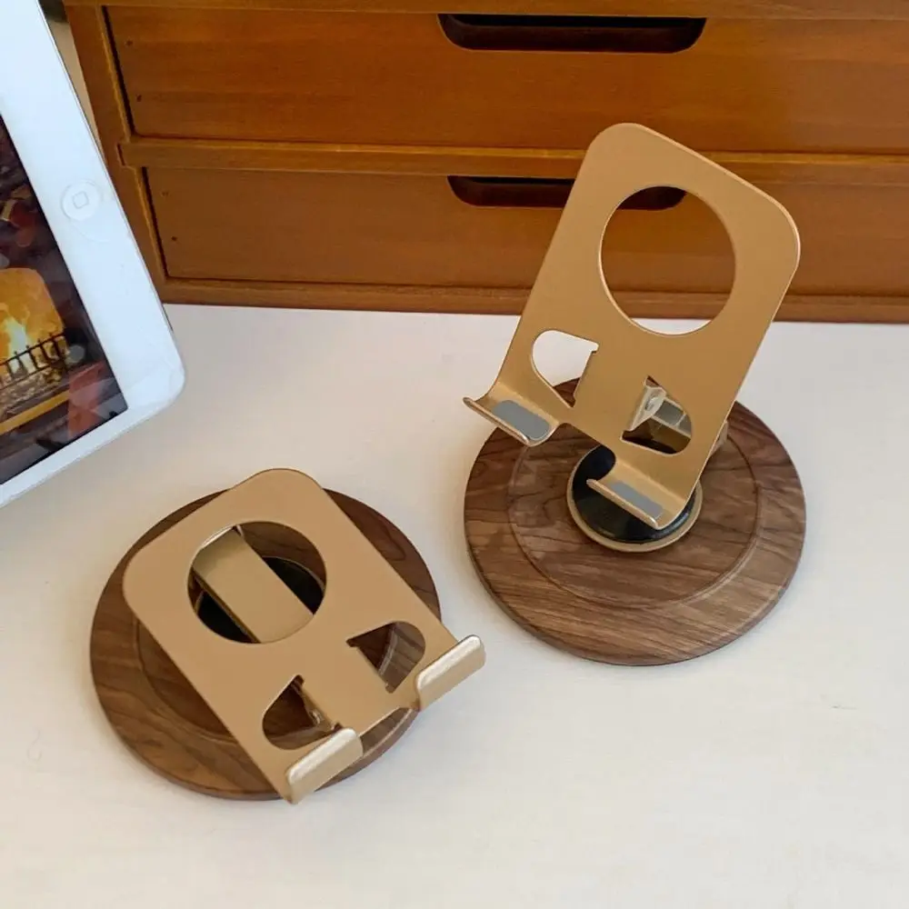 

Retro Walnut Wood Phone Holder Metal 360° Rotation Desktop Cellphone Stand Foldable Adjustable Phone Bracket