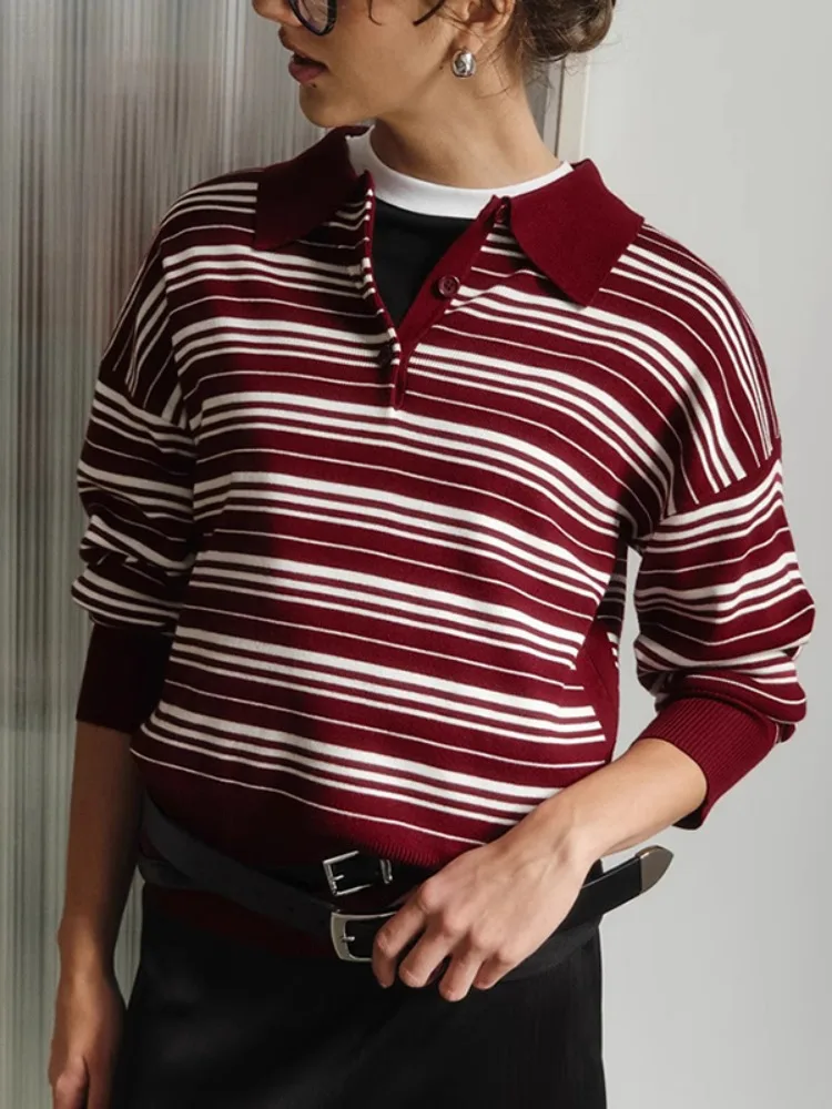 

UOOZEE Urban Female Stylish Striped Polo Collar Sweaters Long Sleeves Loose Fit Casual Office Autumn Winter Knitted Tops​