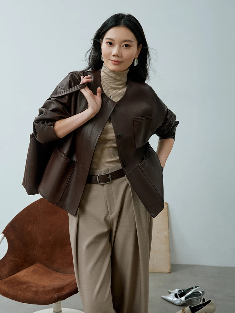 Vintage O-neck Genuine Leather Jackets for Women Spring Autumn 2025 New High-end Simple Single Breasted Soft Real Sheepskin Coat