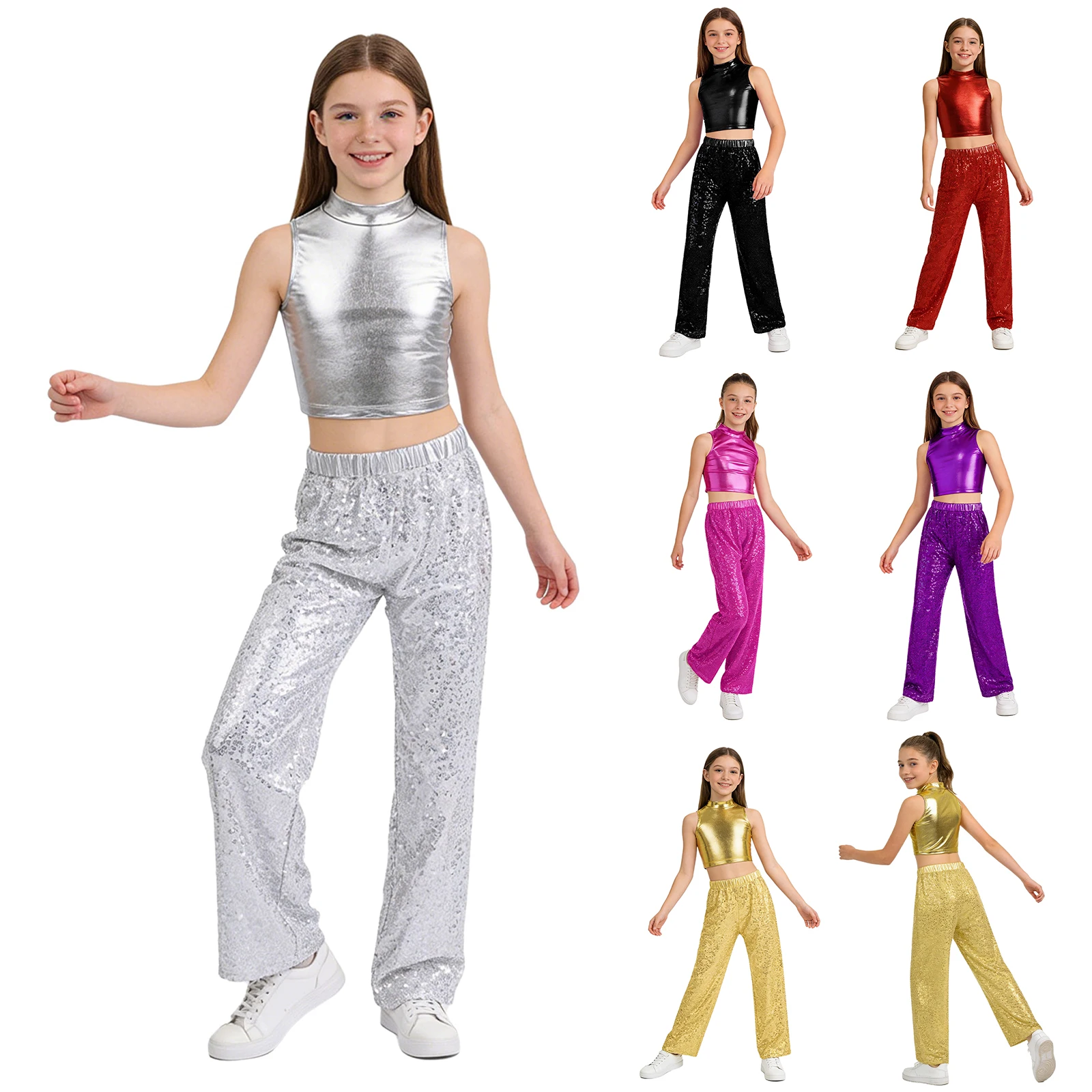 Kids Girls Sparkly Sequin Jazz Dance Vest Pants Hip Hop Modern Disco Ballroom Dance Party School Show Performance Holiday Wear