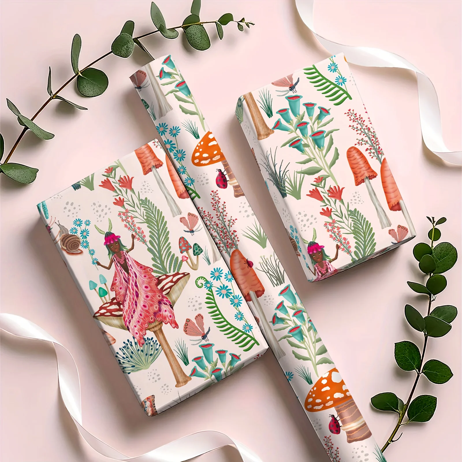 1 Roll of Wrapping Paper |   Light Pink Background with Plant Creatures, Mushrooms, Flowers, and Insect Patterns - Fantasy Forest Theme - 43.2cm × 500cm (17inch × 16.5 Feet)