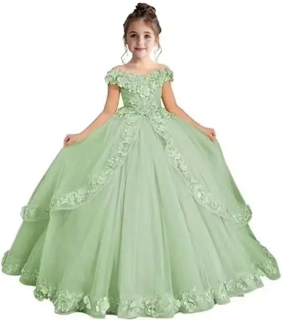 Elegant Chiffon Flower Girl Dress Off The Shoulder, First Communion Dress, with Gorgeous Lace Decals, Birthday Party Dance Dress