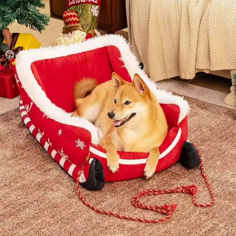 Wholesale Christmas sleigh dog bed cloud shape design plush washable environmentally friendly warm pet bed cats and dogs can
