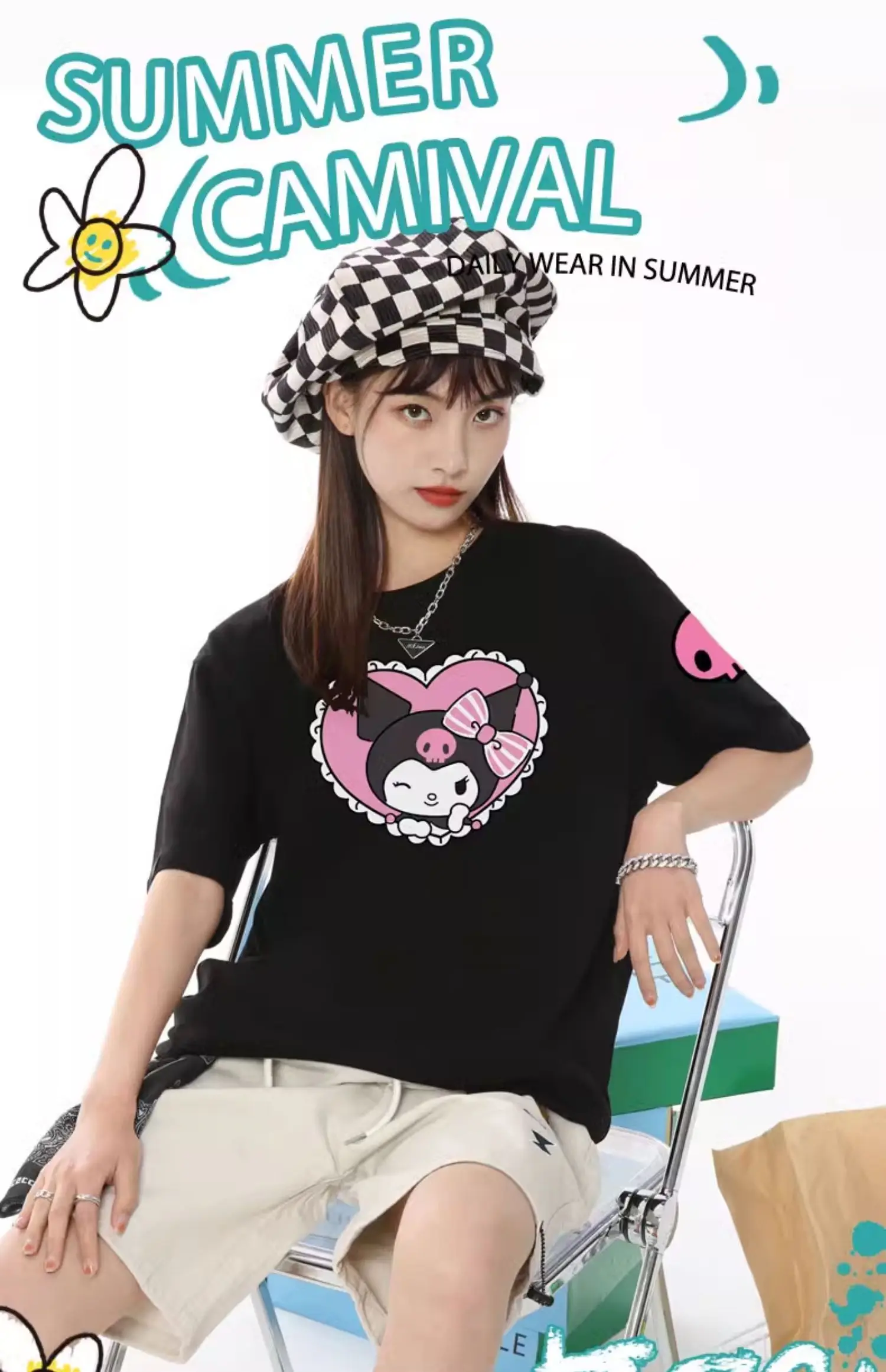 Sanliou-Camiseta de manga corta para niñas, camisa holgada de estilo informal de dibujos animados, periférico de Anime, moda de verano