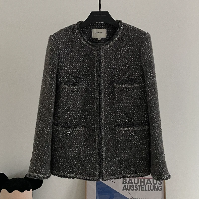 

Small Fragrance Long Sleeve Wool Blended Women Coat Tweed Round Neck Casual Fashion Basic French Korea Chic Loose Women's Coat