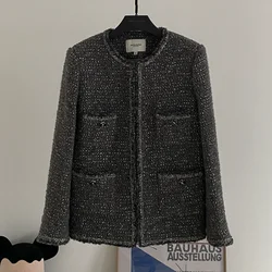 Small Fragrance Long Sleeve Wool Blended Women Coat Tweed Round Neck Casual Fashion Basic French Korea Chic Loose Women's Coat