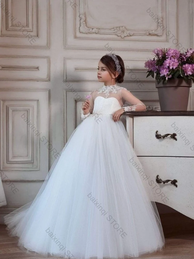 White Girls Elegant Dresses New Product Child Wedding Dress Formal Occasion Girl Birthday Tulle Appliques Lace Prom Party Gown