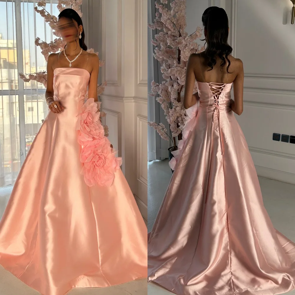 

Customized Matching Exquisite Charmeuse Handmade Flower Criss-Cross Sash A-line Strapless Long Dresses Bespoke Occasion Dresses