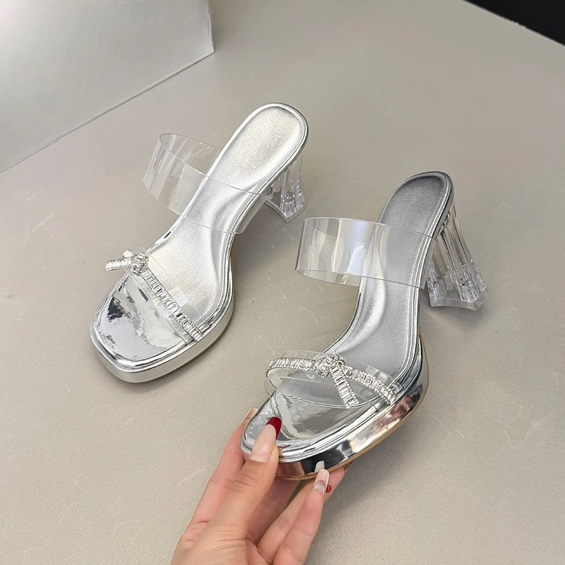 

Platform Heels Summer New Round Toe Open Toe Rhinestone Clear Strap Slippers